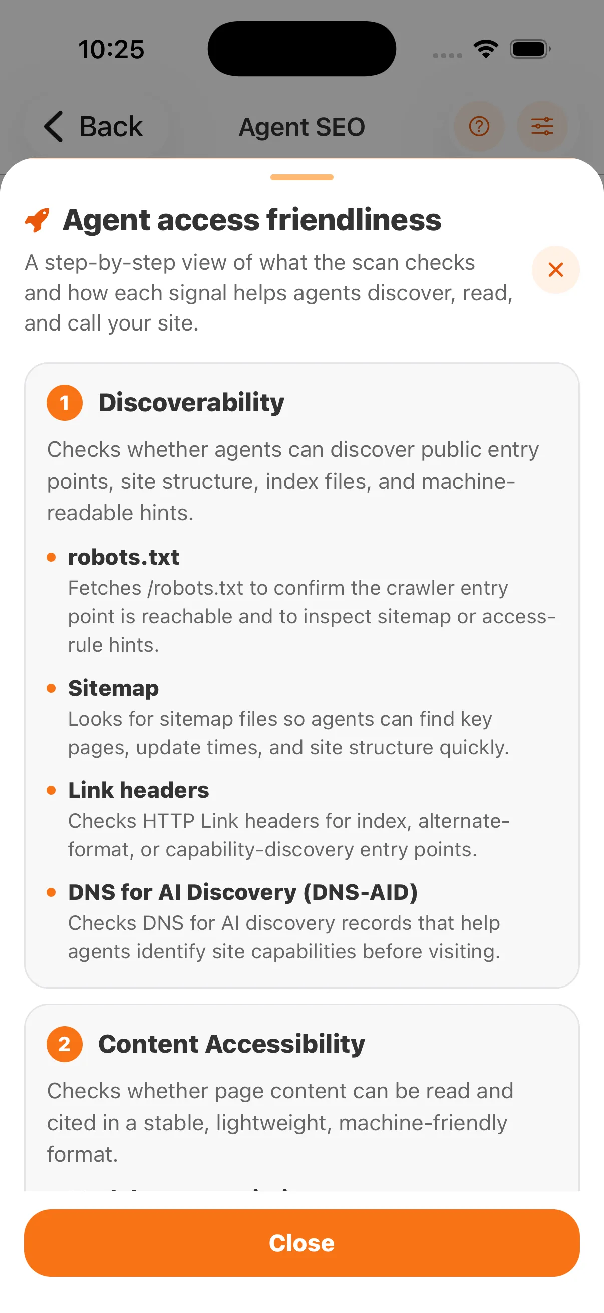 FennecSEO Agent access friendliness help panel explaining discoverability and content accessibility checks