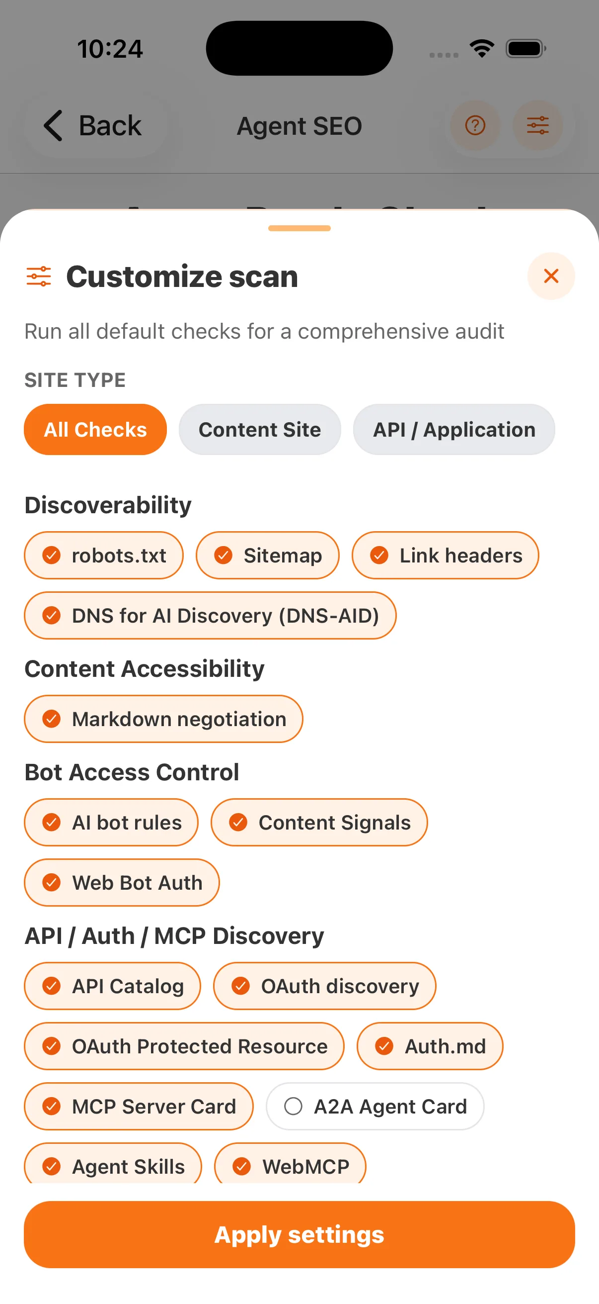 FennecSEO Agent SEO customize scan panel with site type presets and agent readiness checks