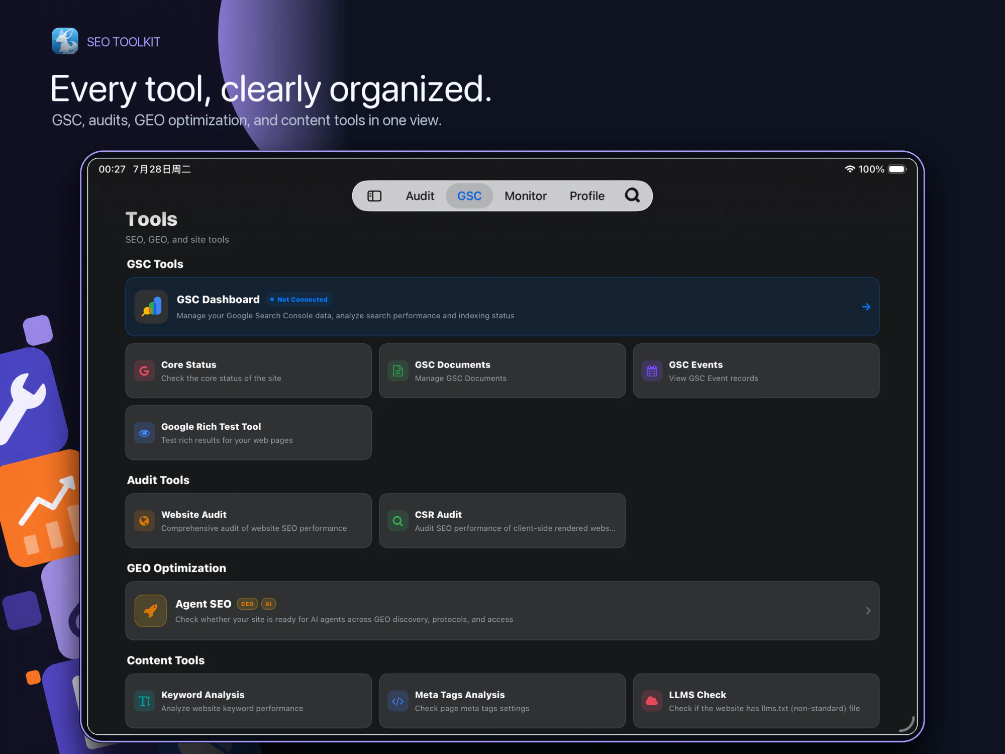 Fennec SEO 1.2.0 toolkit on iPad with SEO, GEO, Google Search Console, content, and website tools
