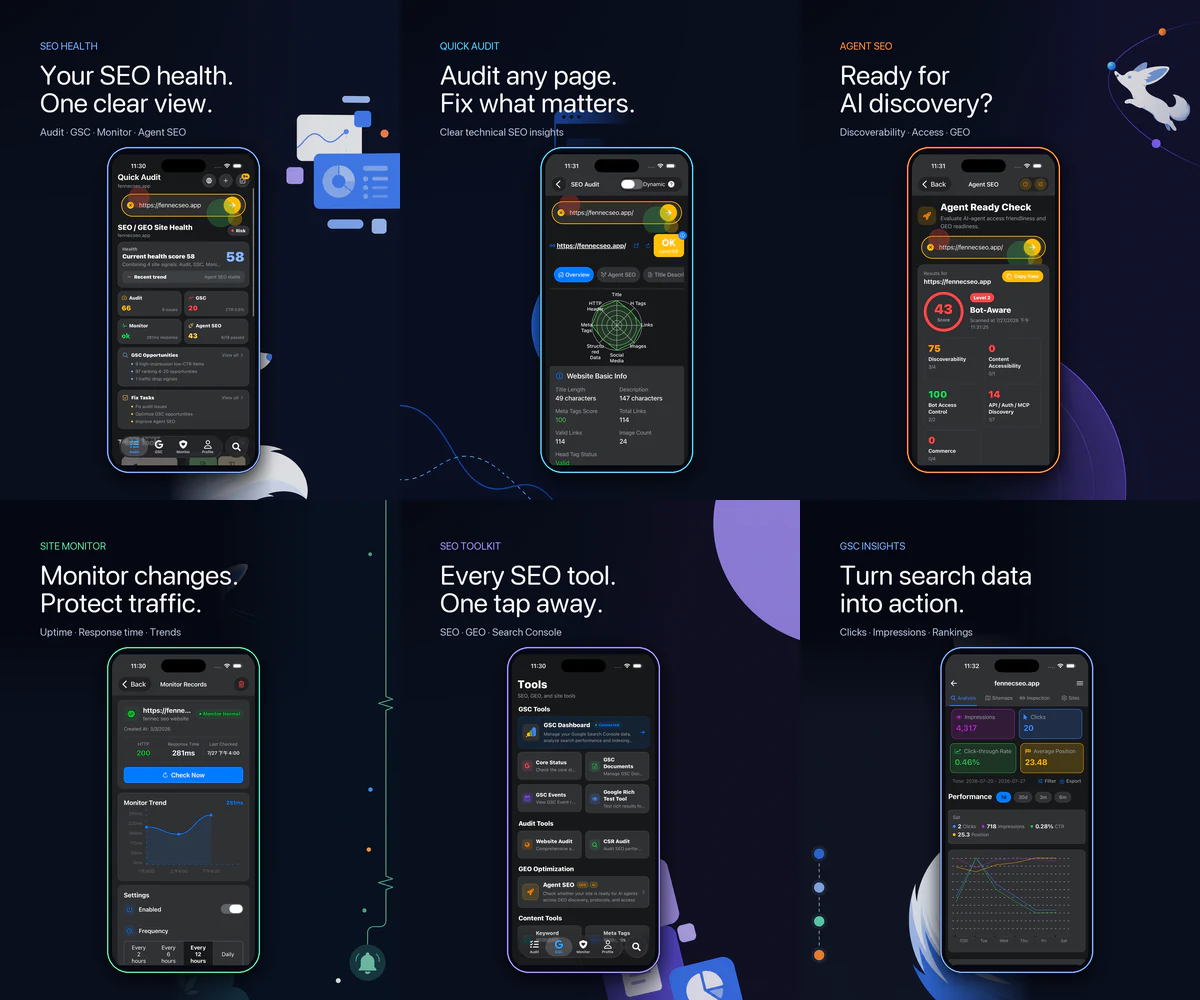 Fennec SEO 1.2.0 mobile feature overview showing Site Health, Quick Audit, Agent SEO, Site Monitoring, SEO Toolkit, and GSC Insights