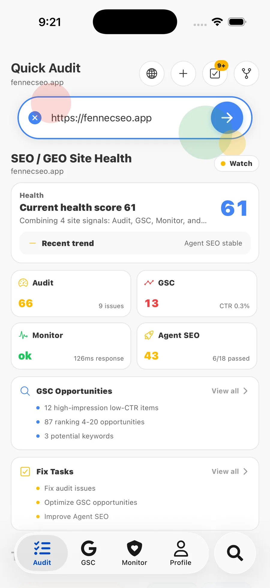 Fennec SEO site health overview on iPhone