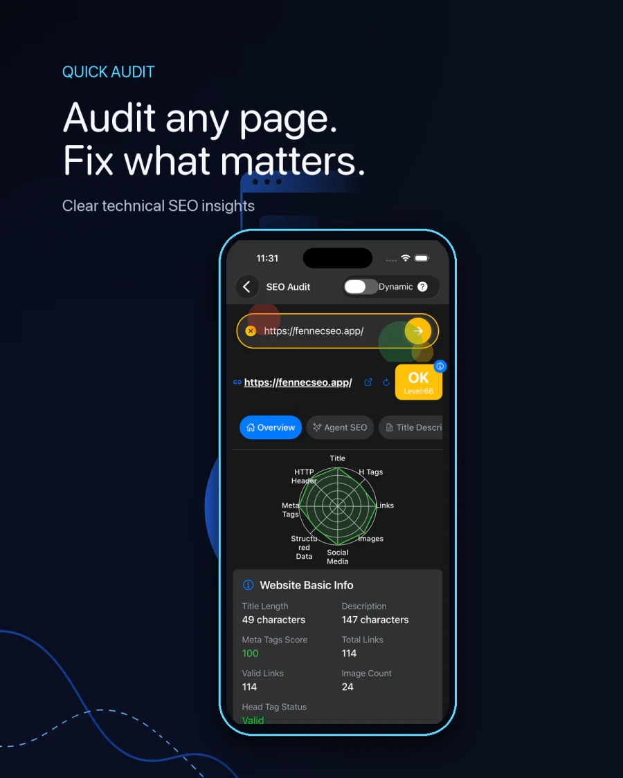 Fennec SEO quick page audit on iPhone